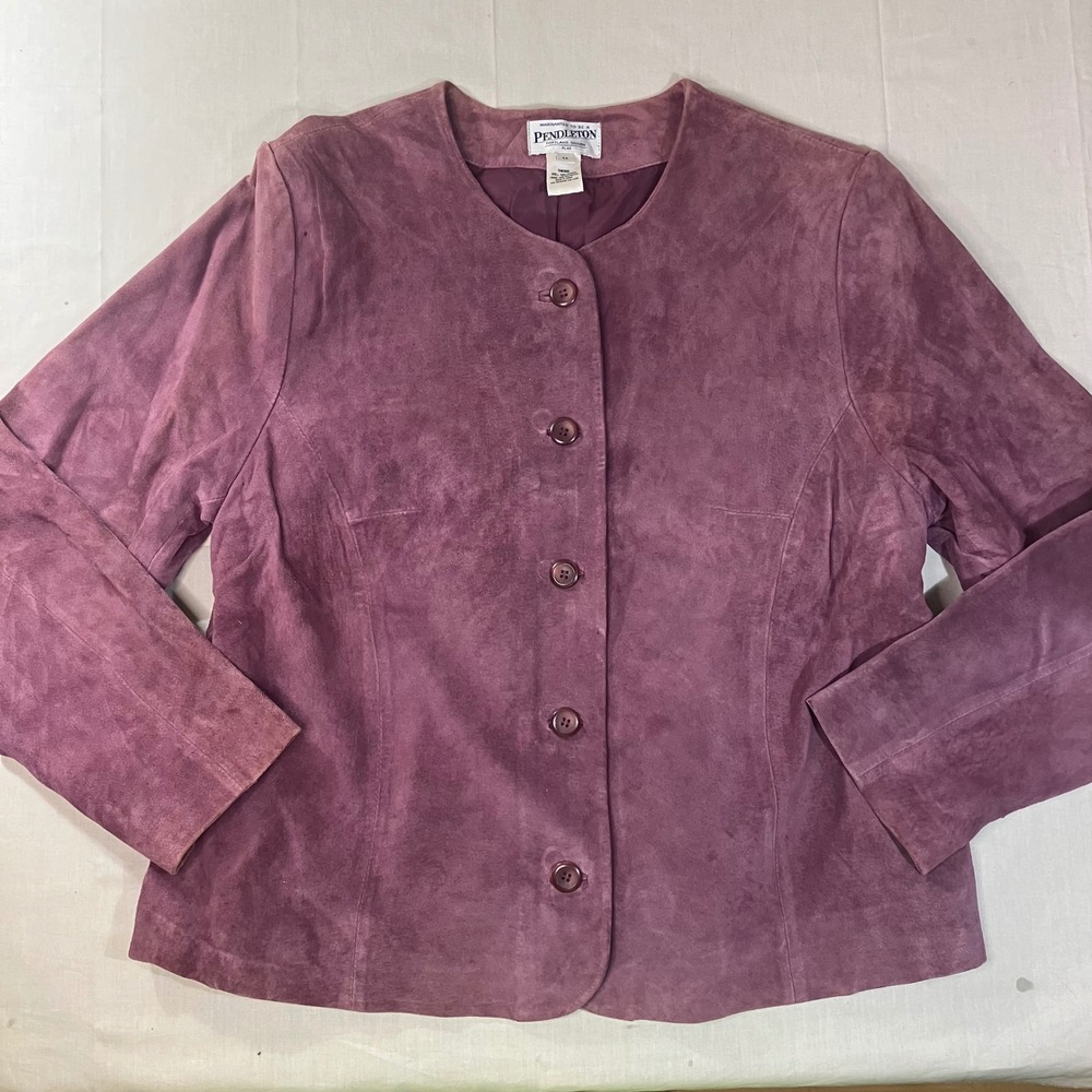 Pendleton Womens 1X Purple Suede Leather Jacket Collarless Button Front Plum